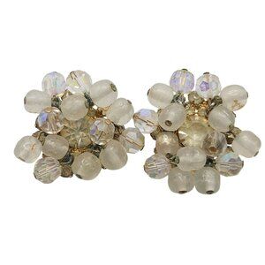 Vintage Clip On Cluster Cha Cha Earrings White Iridescent Frosted Beads